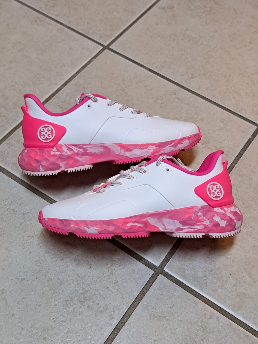 G/FORE Women's MG4+ golf shoes in the Snow/Knockout Pink Colorway - Picture 2 of 11